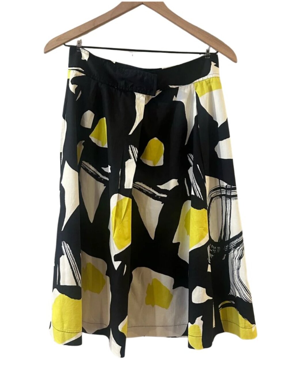 Vintage Cotton Abstract Print Black & Yellow A-Line Midi Skirt